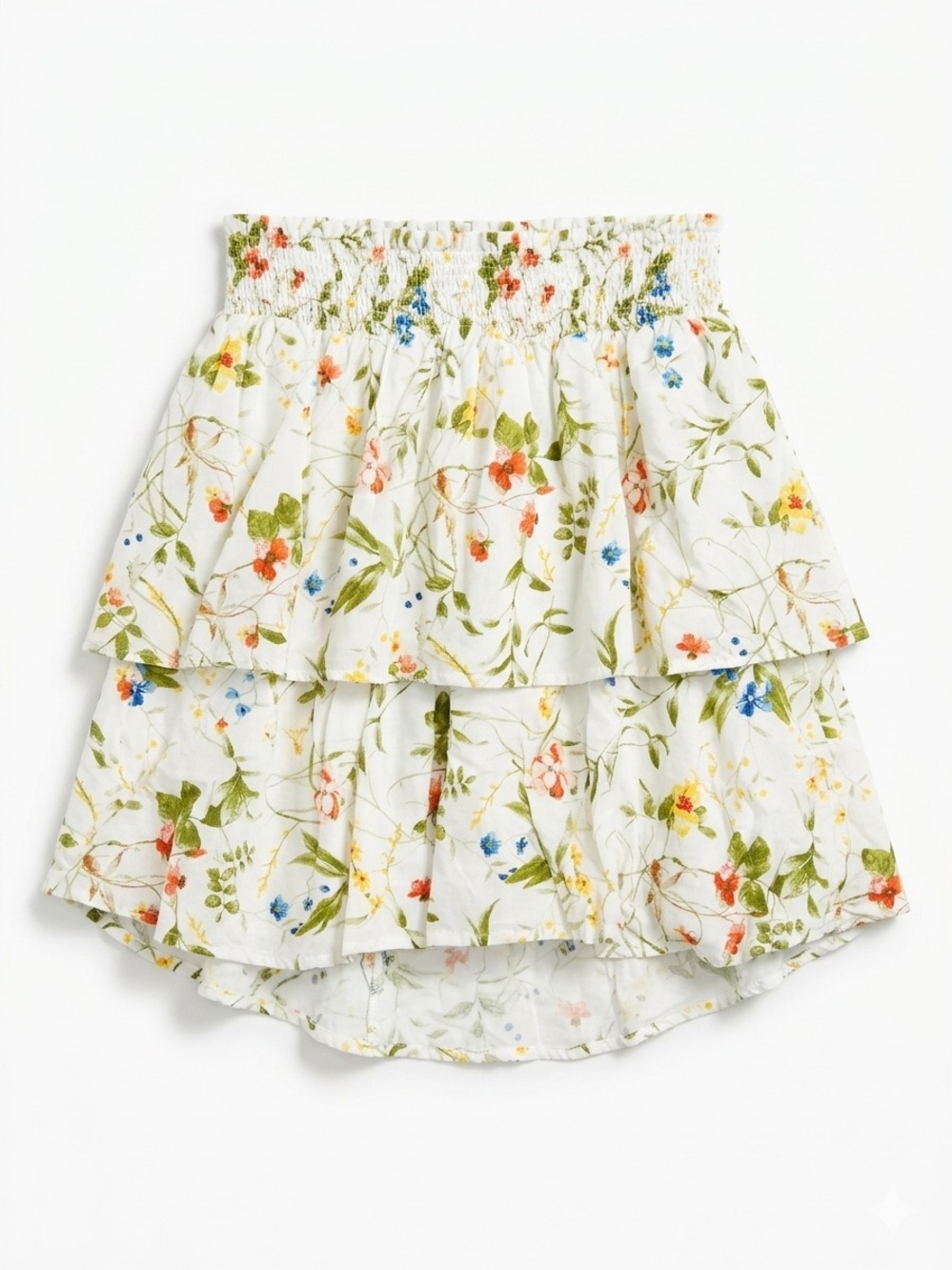 Vero Moda White Floral High-Low Tiered Skirt with Multicolor Blossoms
